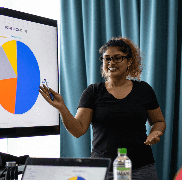 Girl presenting pie chart