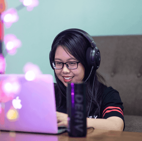 Girl have a call using headphones